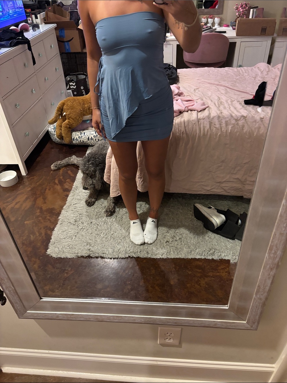 Strapless Blue Ruched Mini Dress